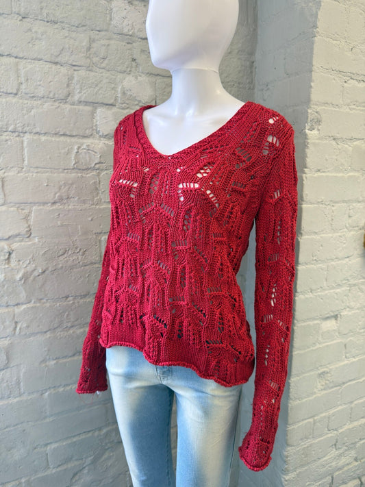 Red Open Knit V-Neck Jumper