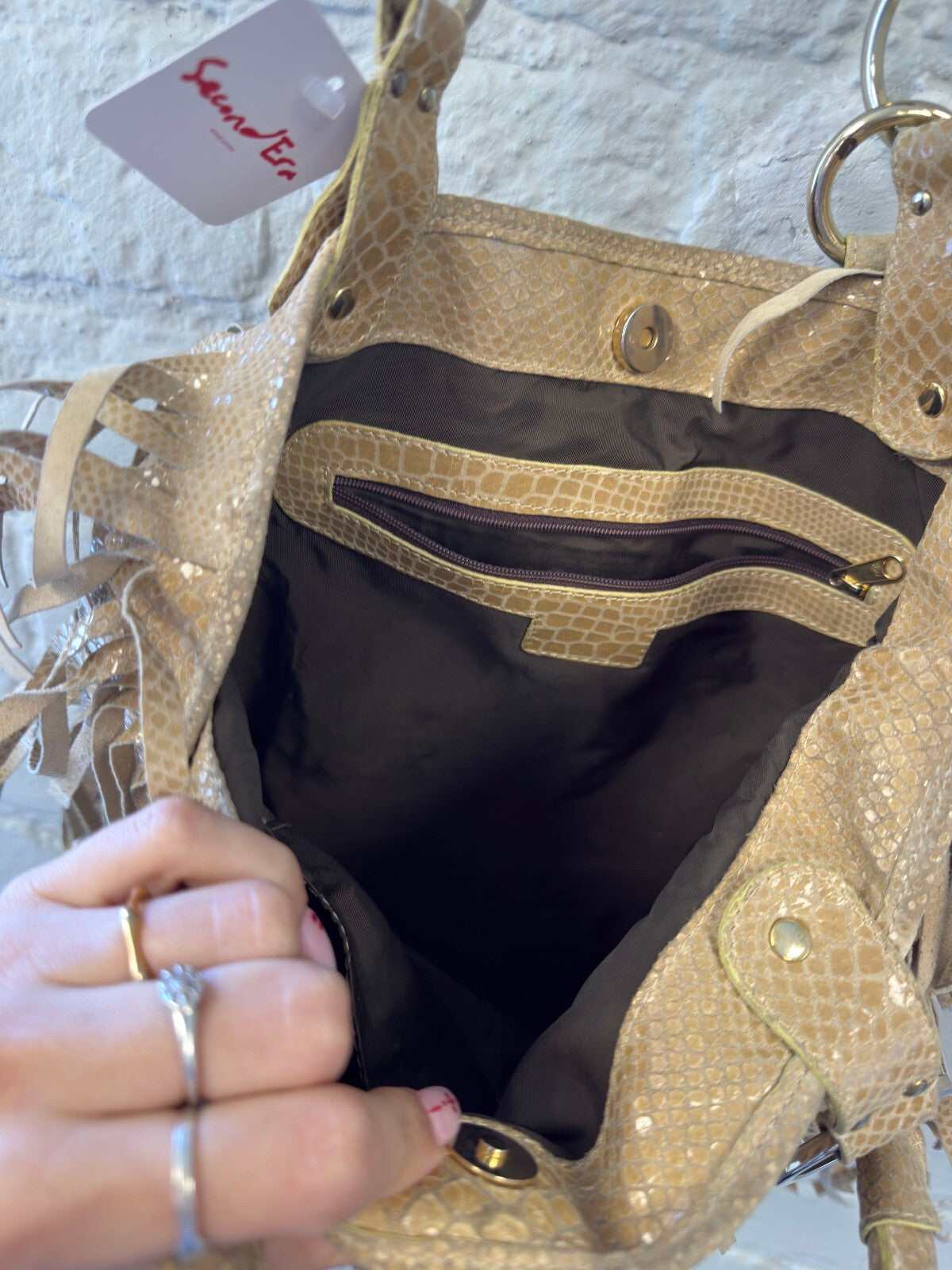 Beige Fringe Shoulder Bag with Snake Texture
