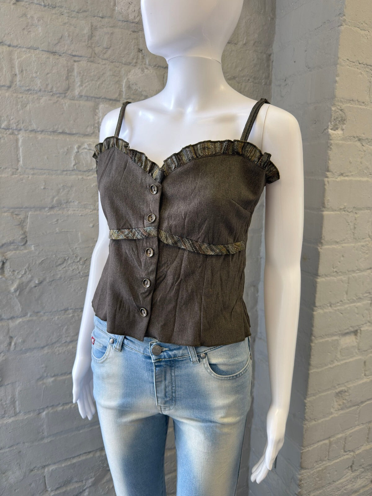 Grey Suit Ruffle Trim Button-Up Cami Top