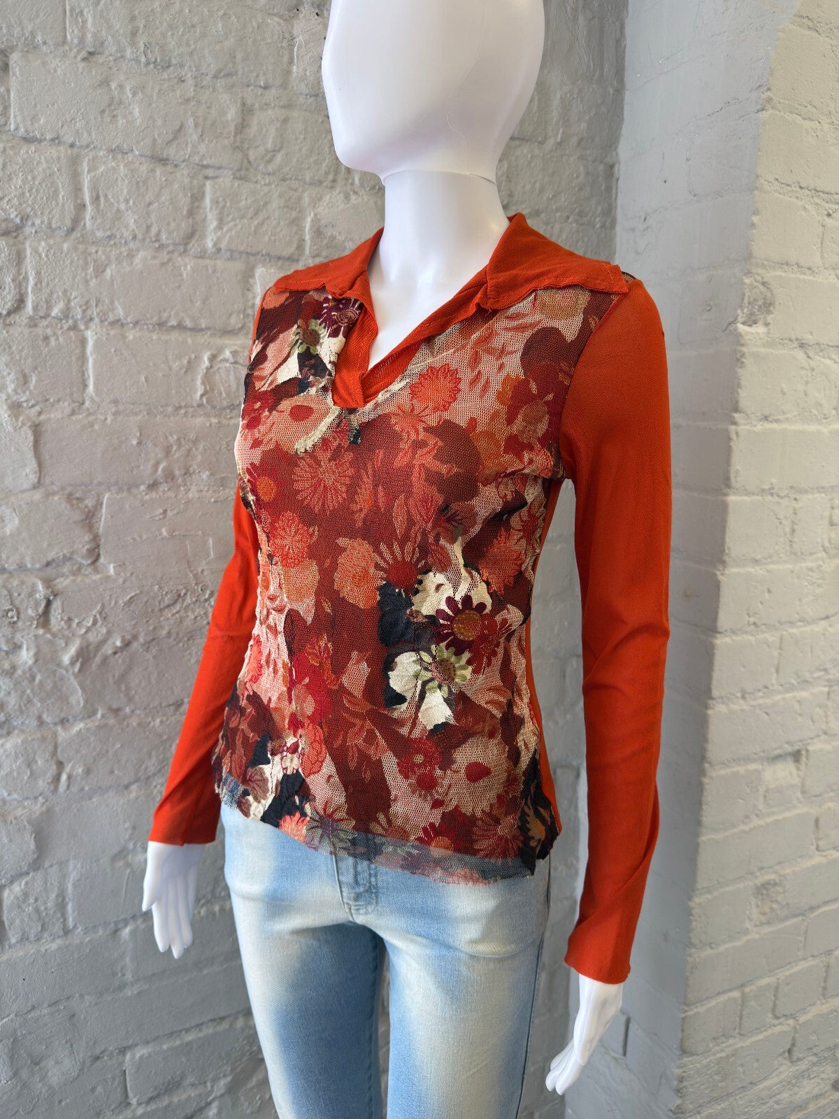 Vintage Orange Floral Mesh  Long Sleeve Top