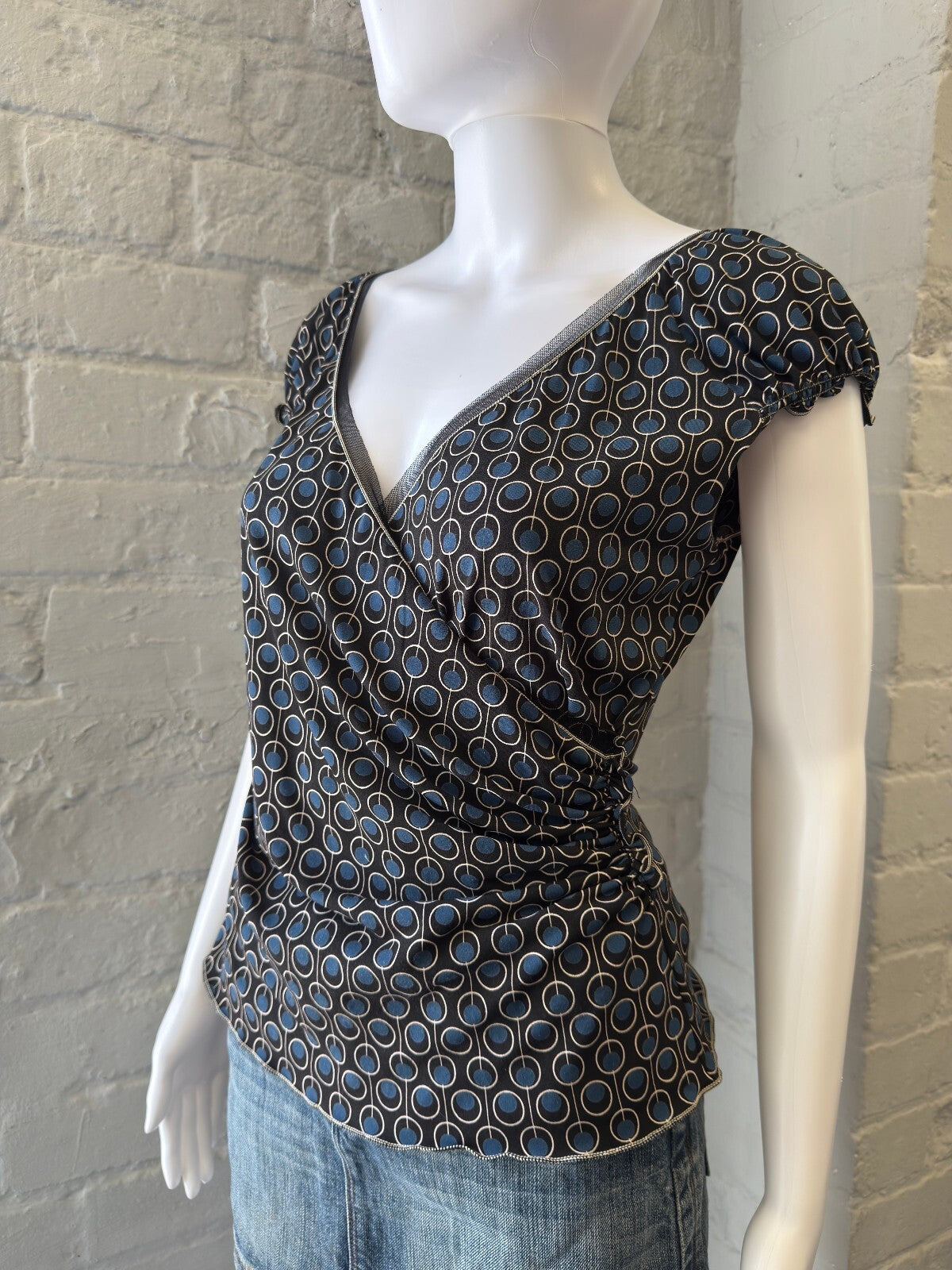 Black and Blue Geometric Print Ruched Top
