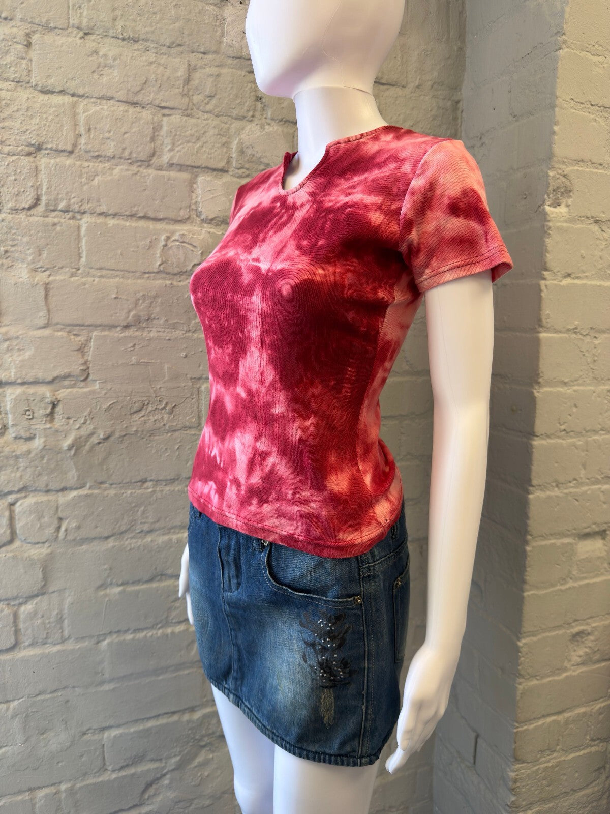 Vintage Denim Mini Skirt with Embellished Floral Detail
