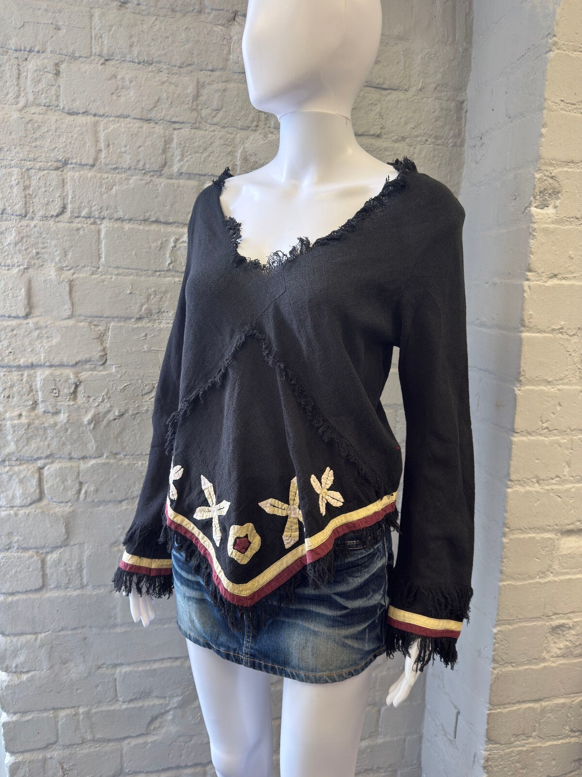 Replay Black V-Neck Frayed Edge Sweater with Embroidered Detail