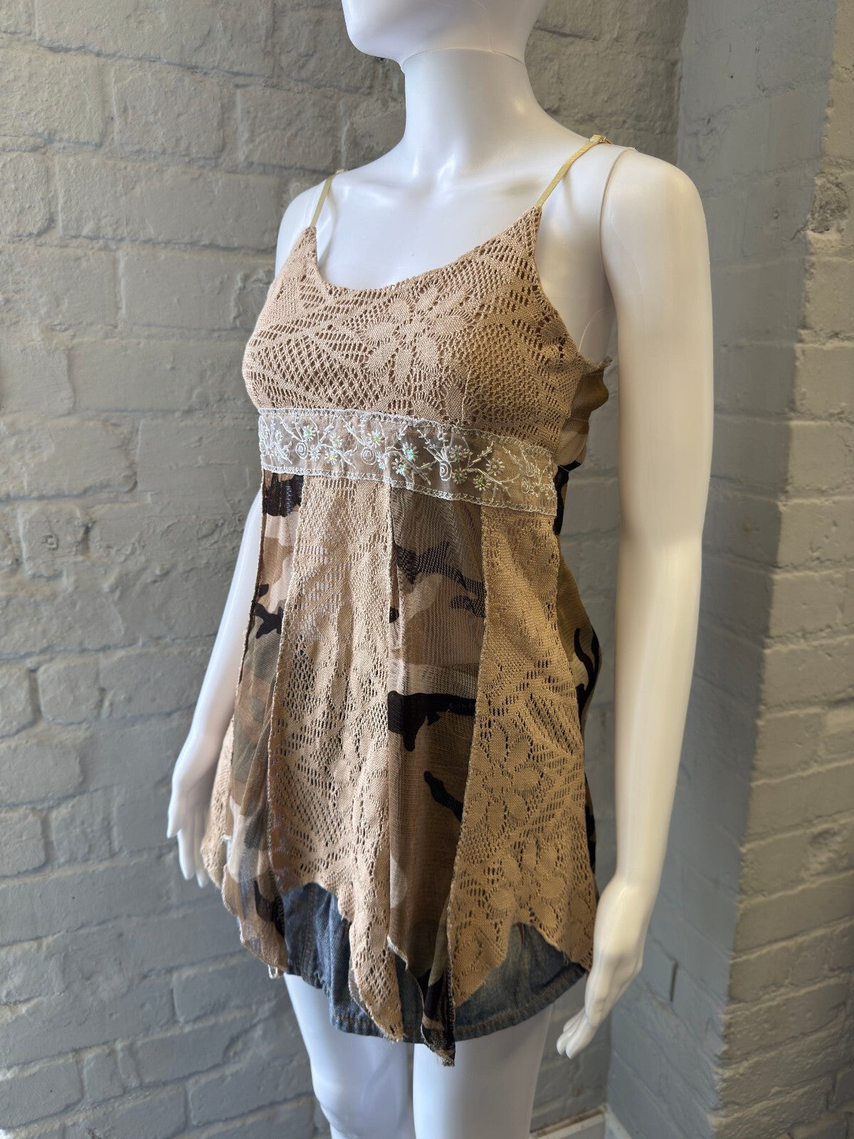 Beige Lace and Camouflage Pattern Spaghetti Strap Top