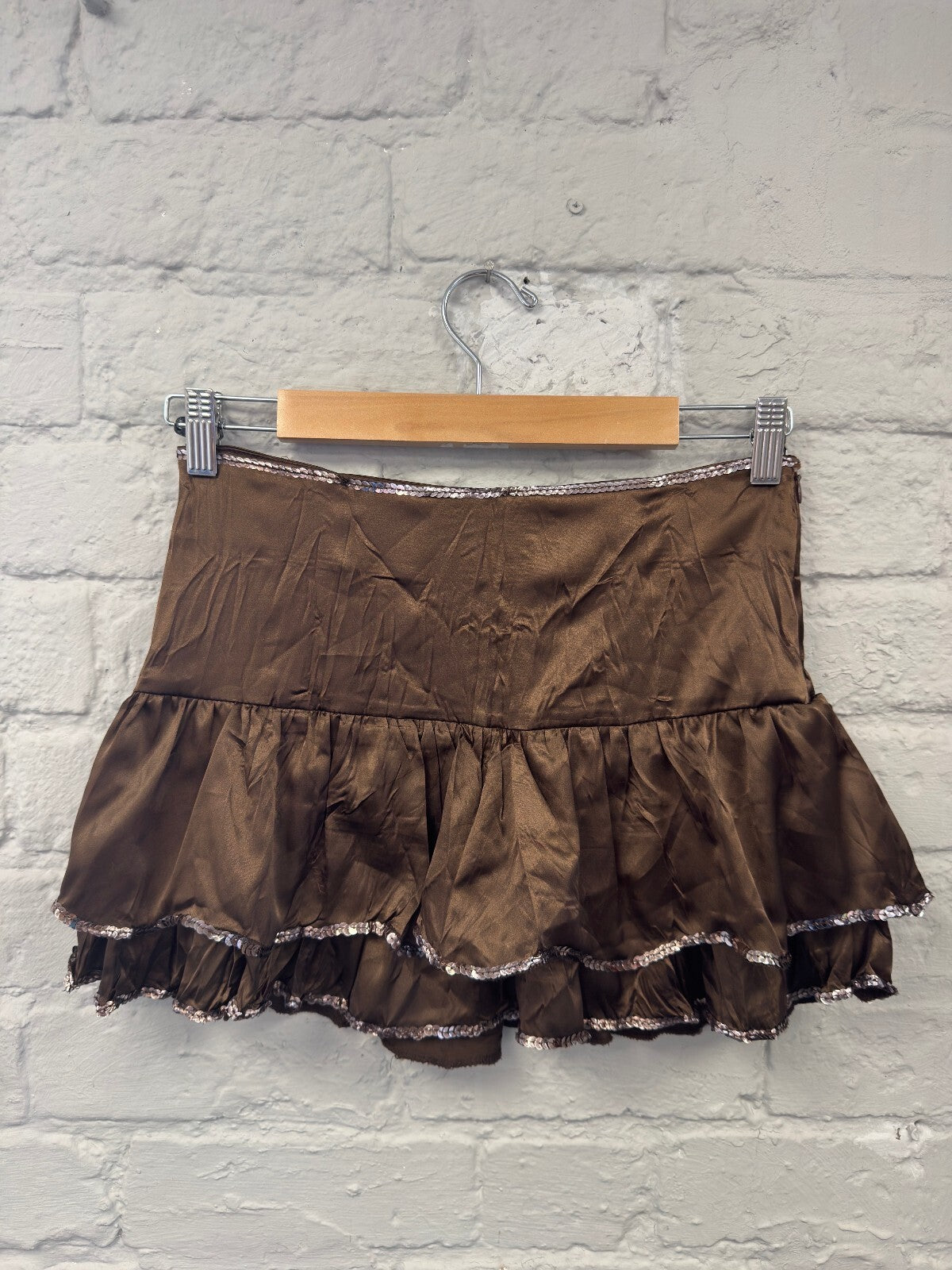 Brown Satin Ruffle Mini Skirt with Sequin Trim