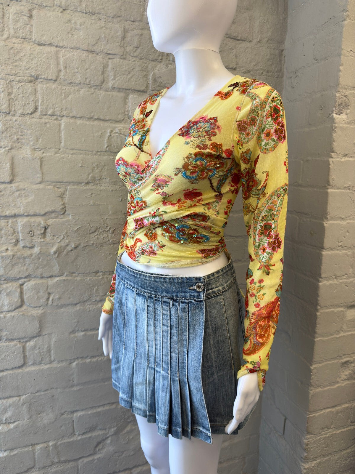 Light Blue Pleated Denim Mini Skirt