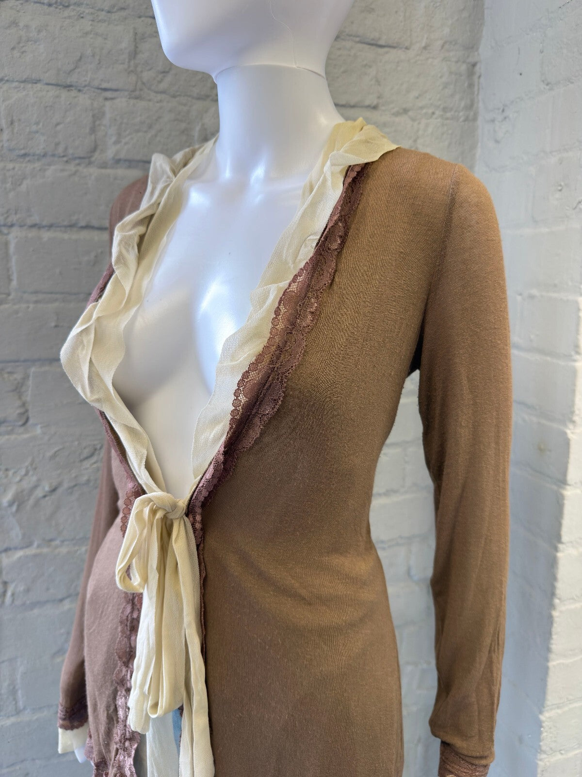 Brown and Cream Mesh Long Sleeve Tie Front Cardigan
