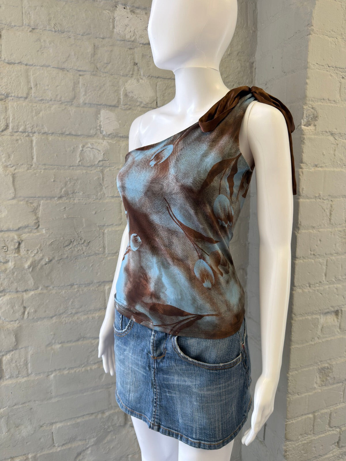 One-Shoulder Blue and Brown Floral Print Top
