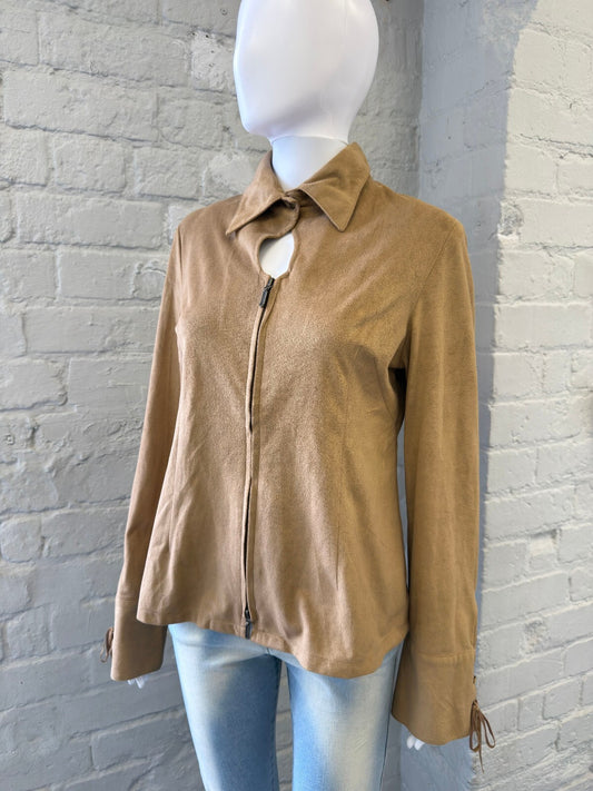 Tan Faux Suede Zip-Up Jacket with Keyhole Detail