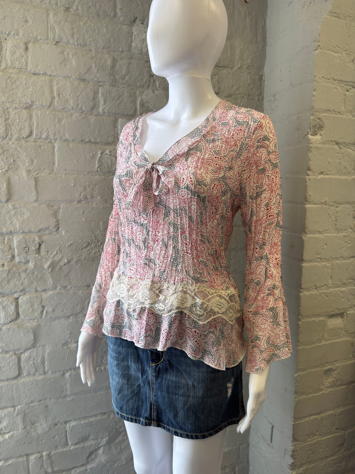 Pink and Cream Paisley Lace Trim Blouse