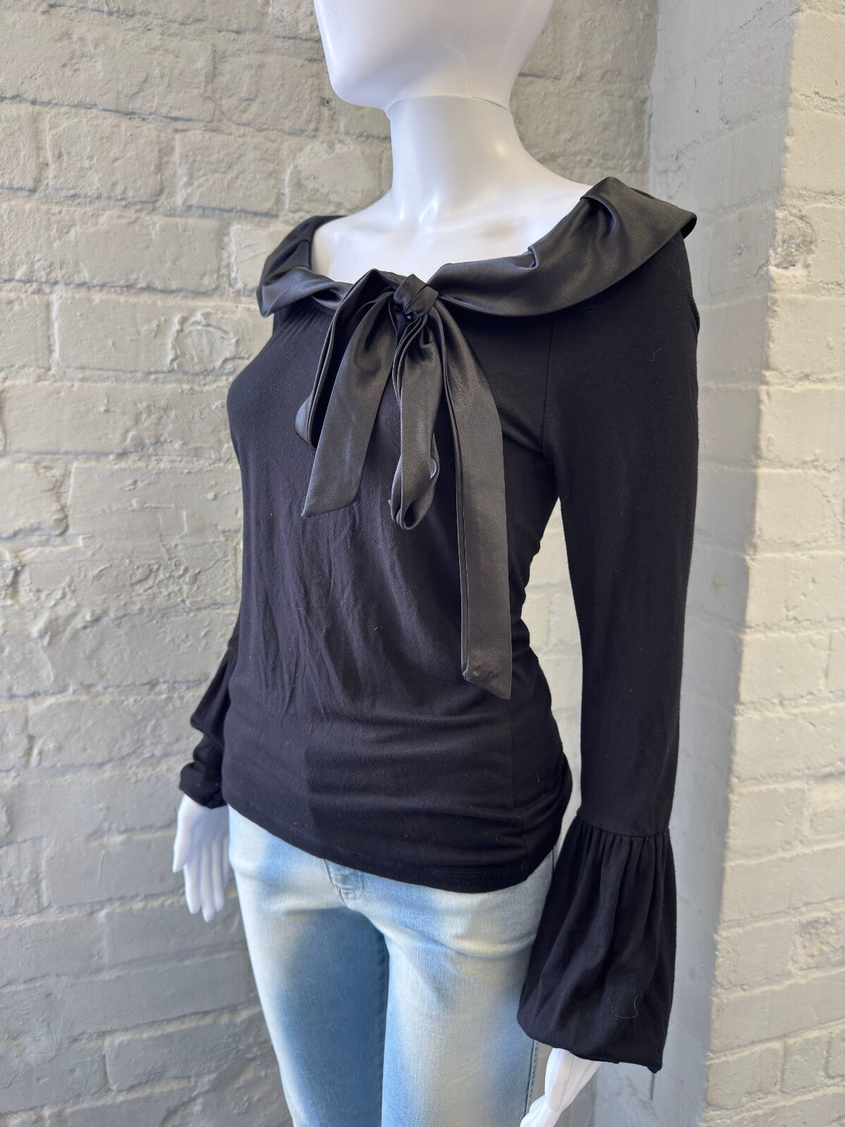 Denny Rose Black Long Sleeve Top with Satin Bow Collar