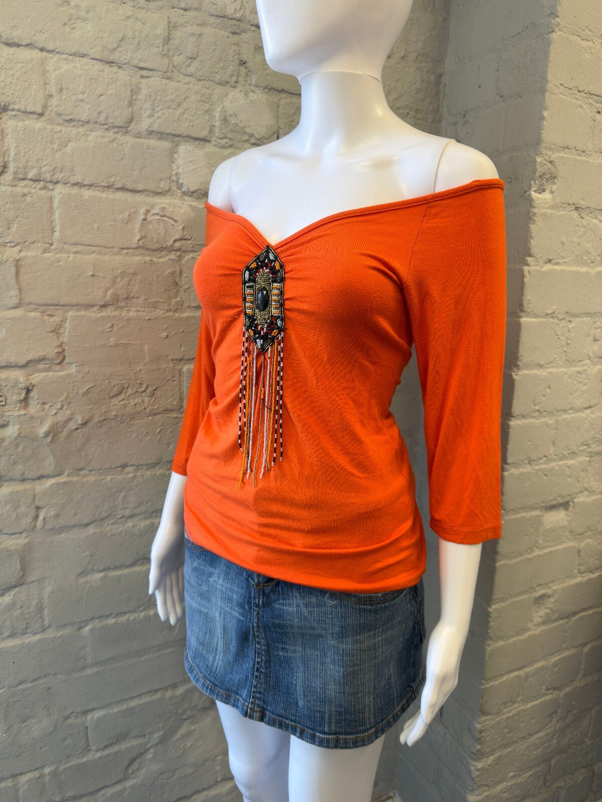 Orange Off-Shoulder Top with Beaded Fringe Detail