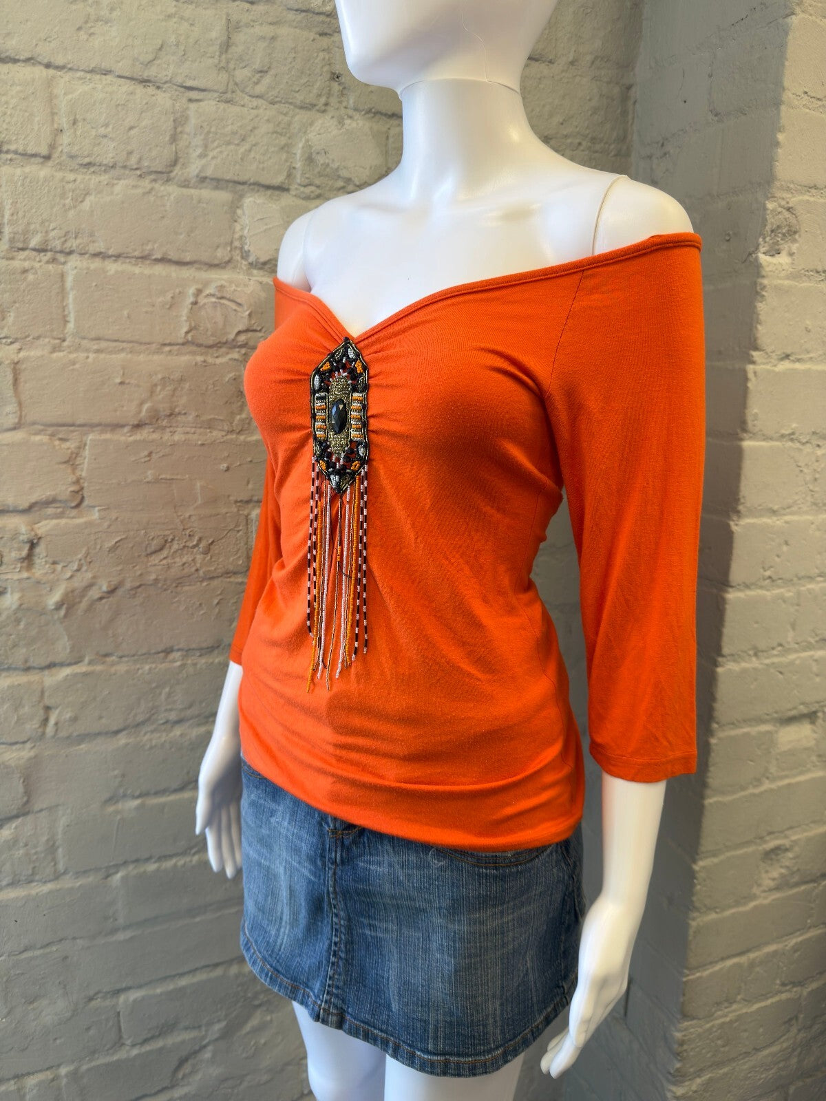 Orange Off-Shoulder Top with Beaded Fringe Detail