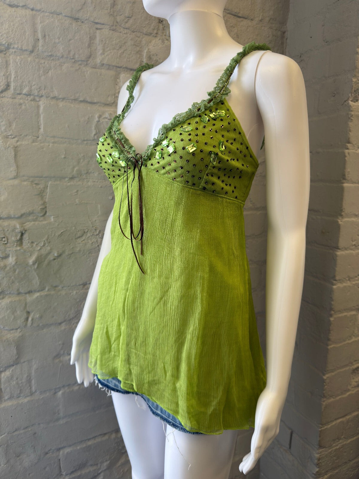 Green Silk Embellished Fairy Camisole Top