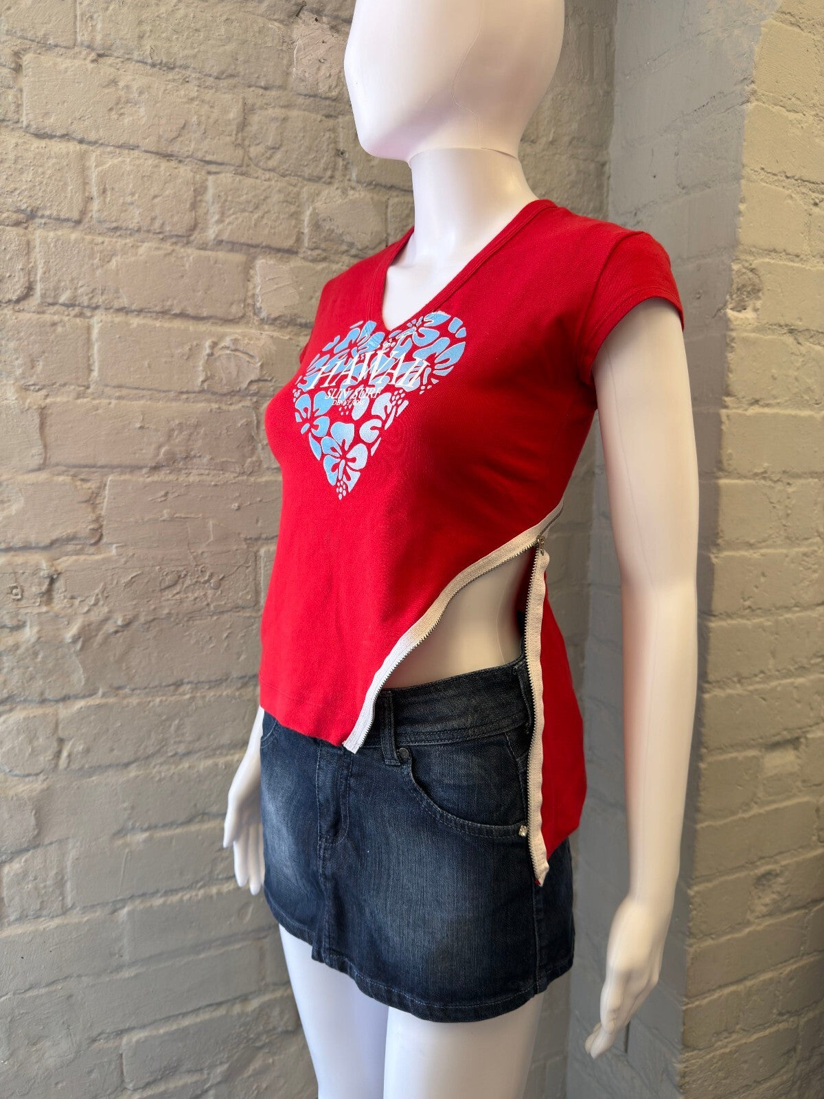 Denny Rose Red Baby Tee with Side Zipper Detail