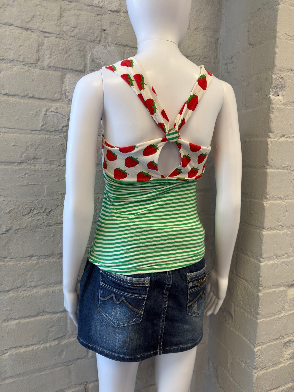 Green and White Striped Tank Top with Strawberry Print Straps