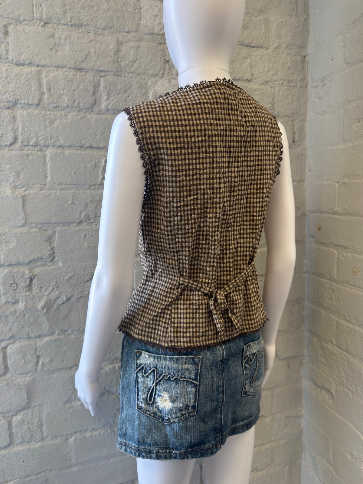 Brown Gingham Button-Up Top with Lace Trim