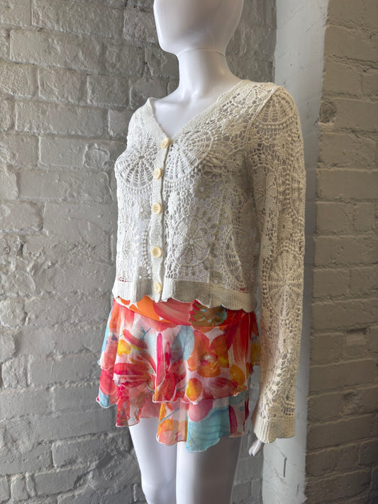 Amo & Roma Cream Crochet Knit Button-Up Cardigan