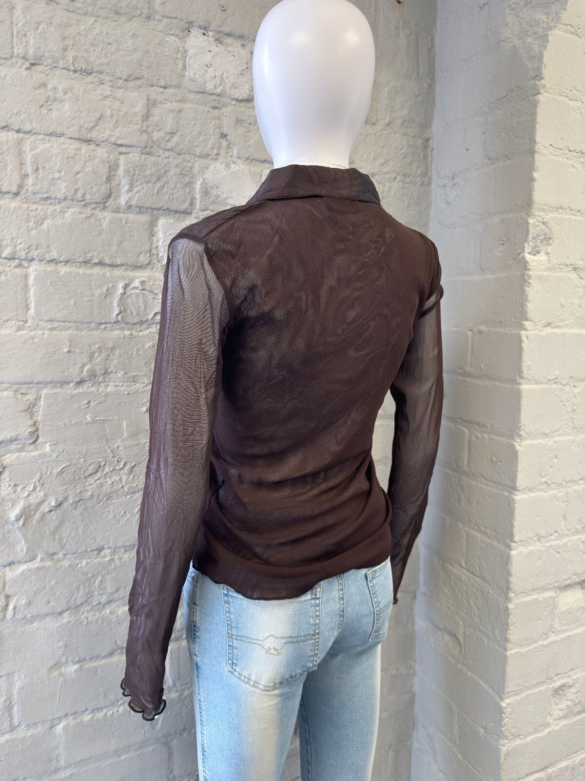 Italian Brown Sheer Long Sleeve Button-Up Top
