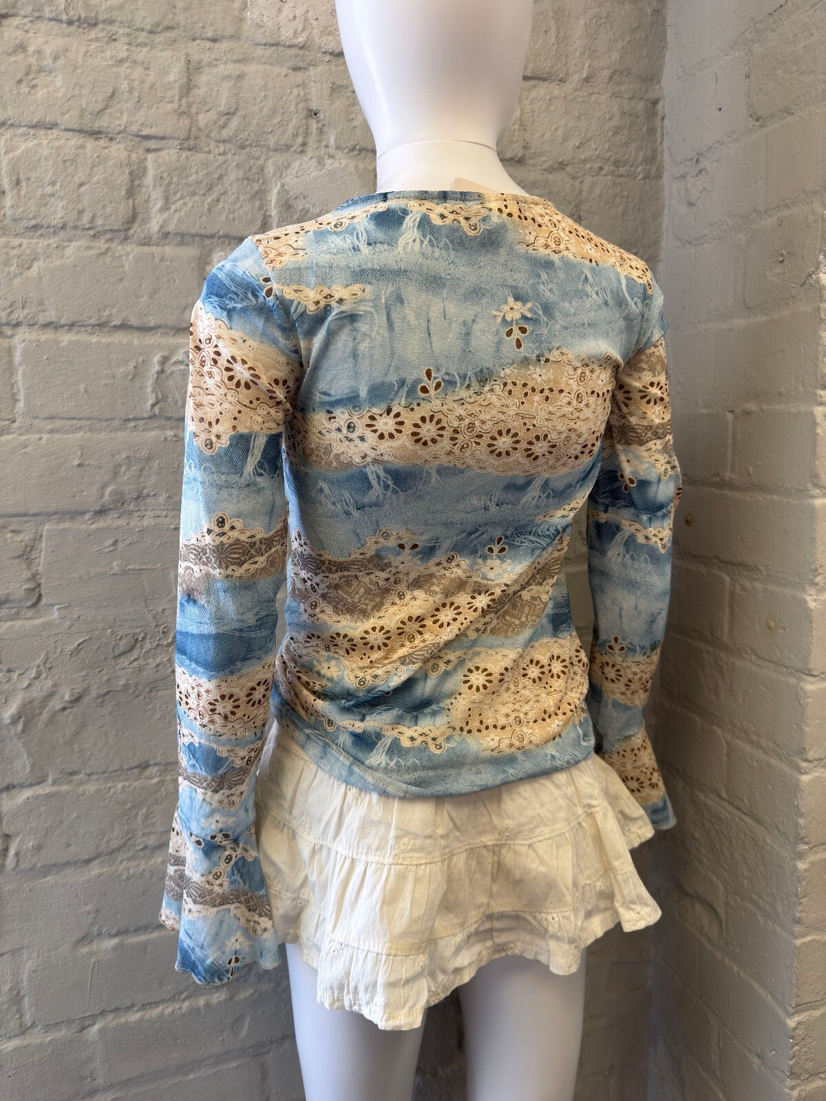 Blue and Cream Mesh Long Sleeve Top