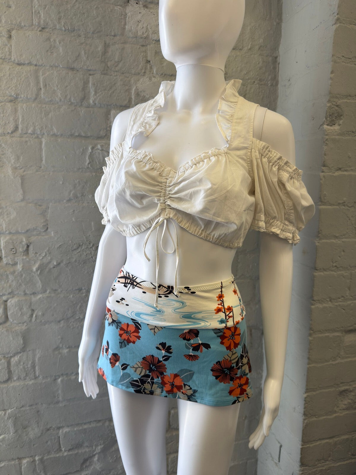 Floral Print Mini Skirt with Blue and Orange Flowers