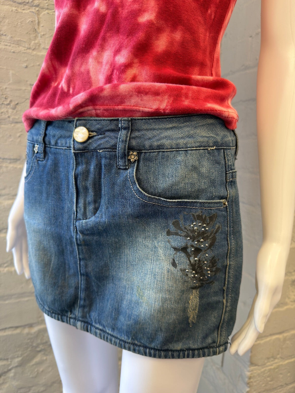 Vintage Denim Mini Skirt with Embellished Floral Detail