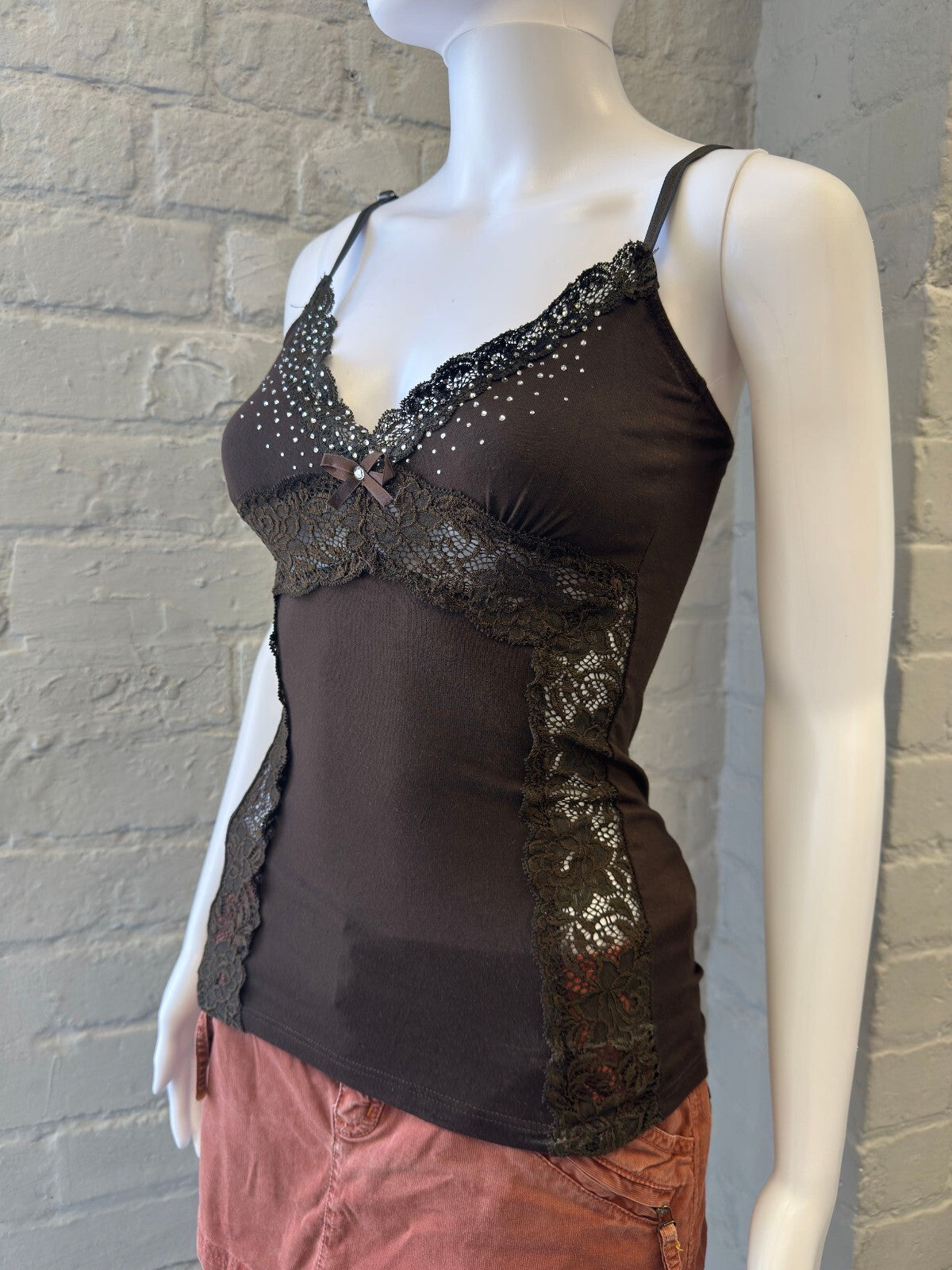 Made in Italy Brown Lace Trimmed Camisole Top