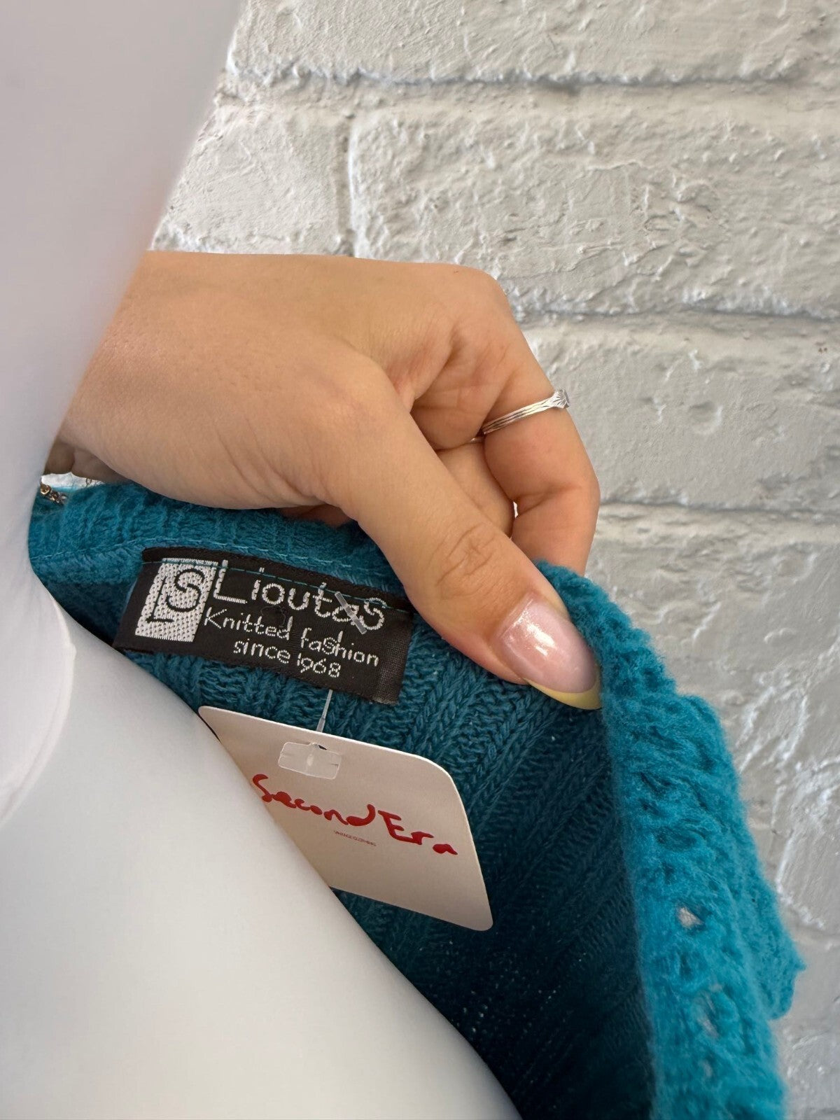 Lioutas Teal Knitted Ruffle Cardigan Sweater