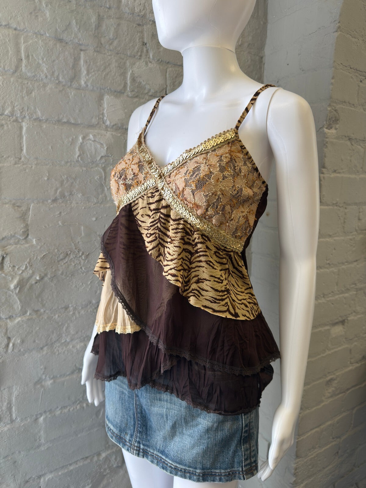 2000s Brown Layered Lace and Animal Print Cami