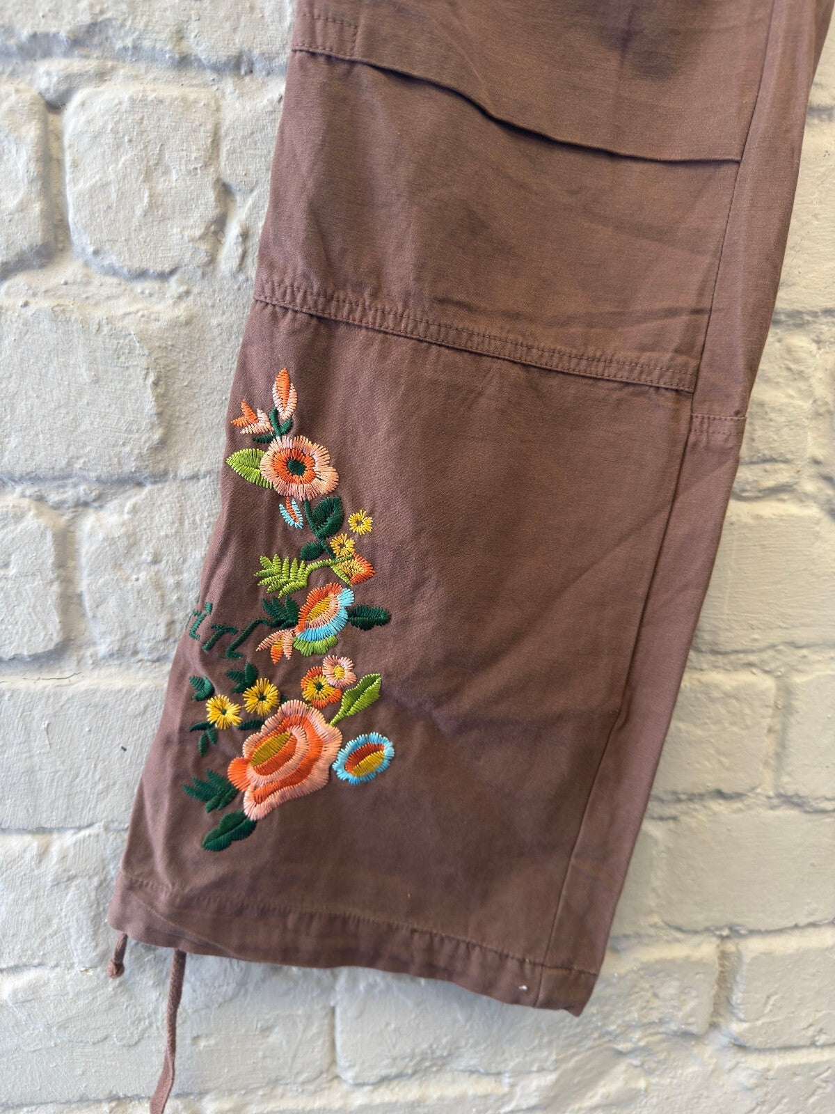 Deadstock Brown Cargo Trousers with Studs and Embroidered Floral Detail