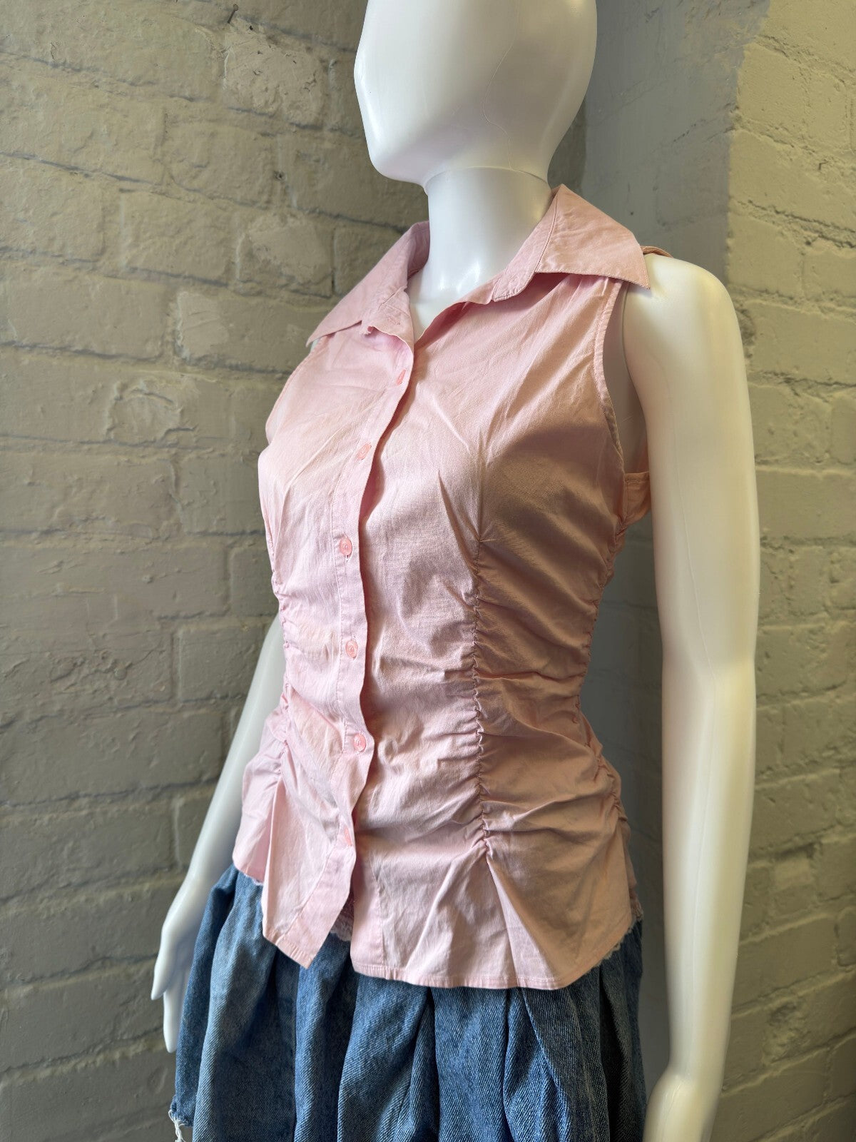 Jennyfer 2000s Pink Button-Up Ruched Shirt