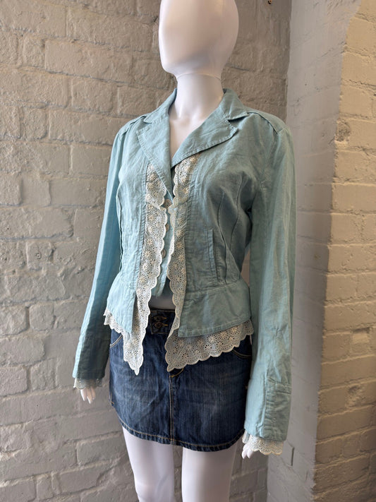 Light Blue Linen Blend Jacket with Lace Trim