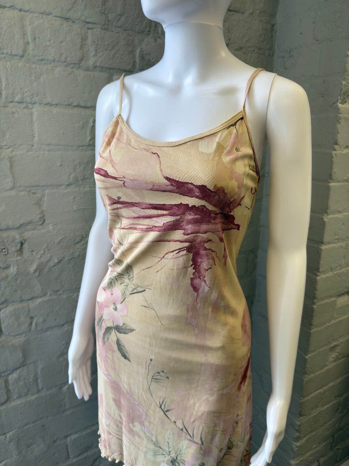Floral Beige and Burgundy Slip Dress with Spaghetti Straps