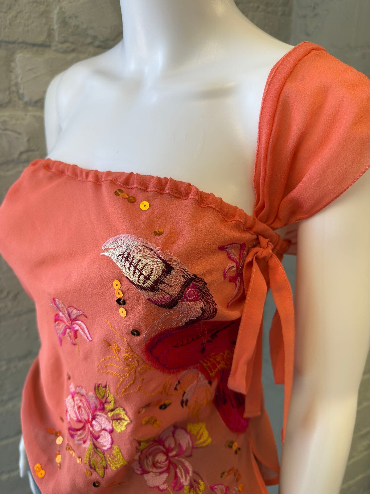 Coral One-Shoulder Embroidered Top with Sequin Detail