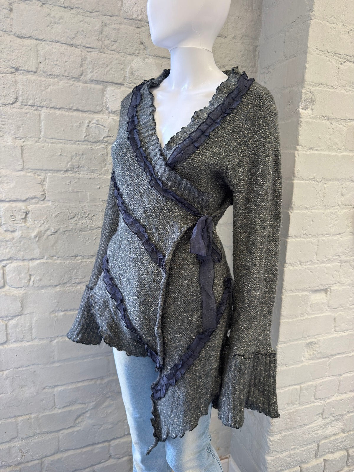 Vintage Grey Knit Wrap Cardigan with Ruffle Trim