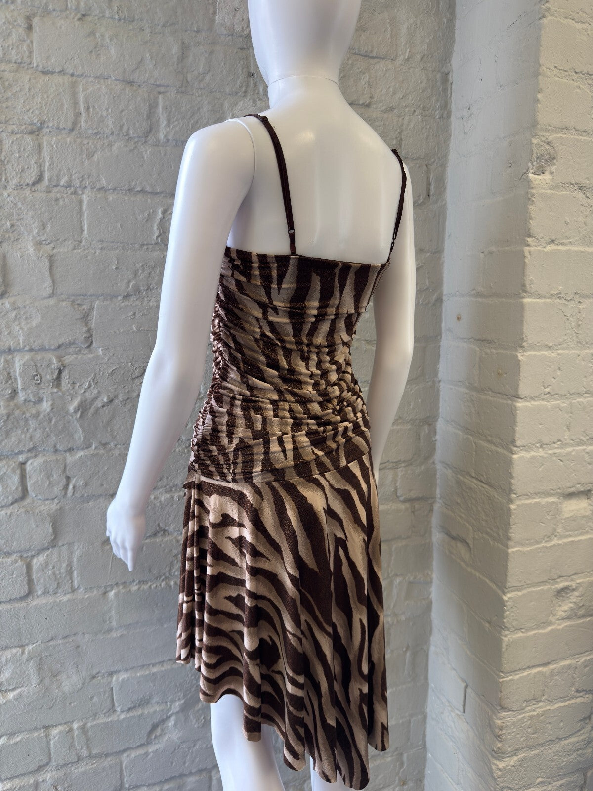 Brown Zebra Print Ruched Spaghetti Strap Dress