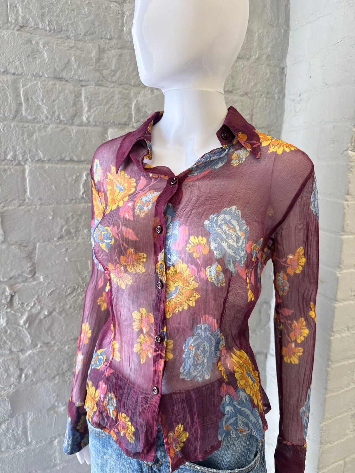 Sheer Floral Button-Up Shirt in Burgundy