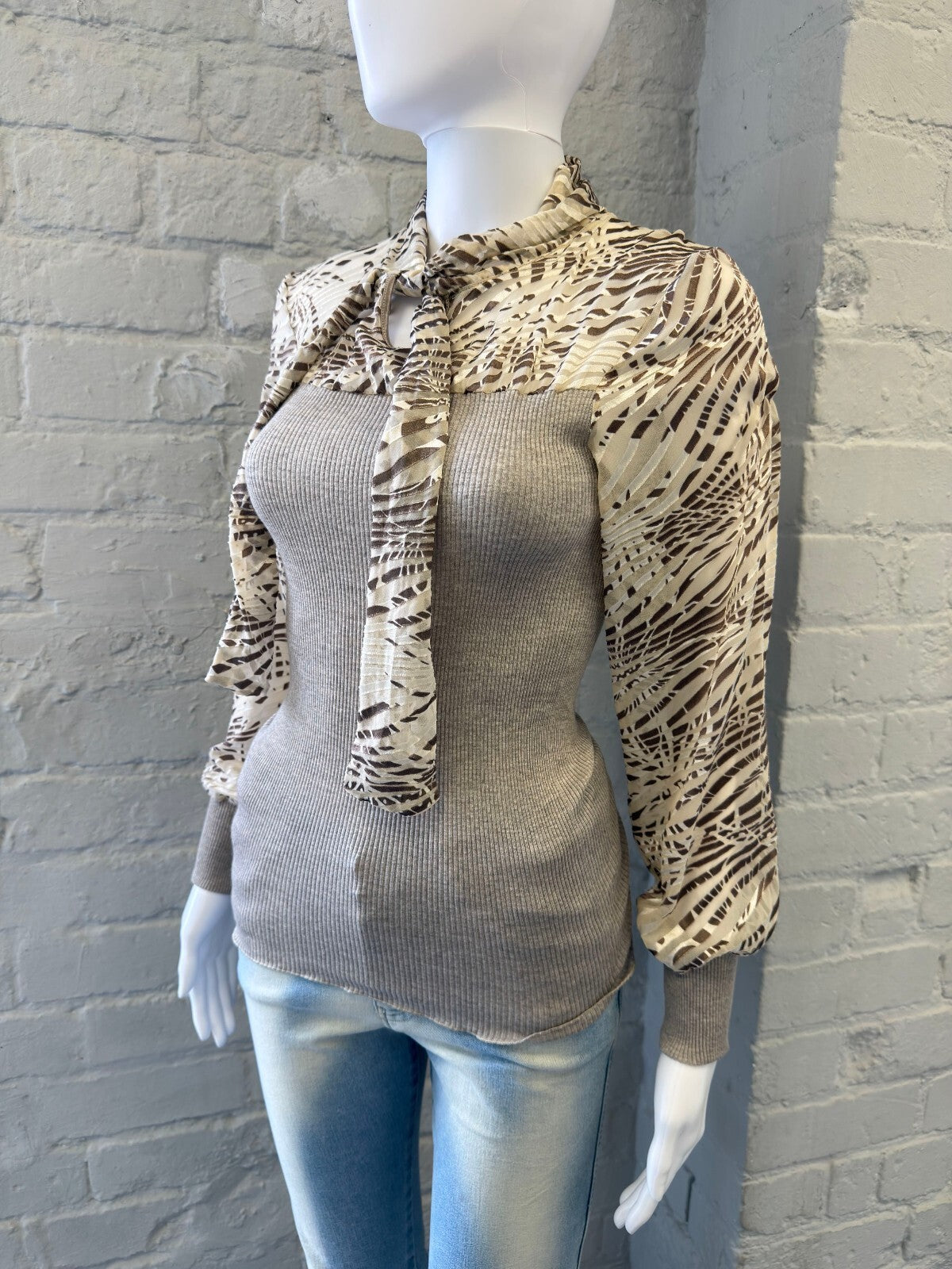 Italian Ribbed Knit Top with Sheer Animal Print Sleeves