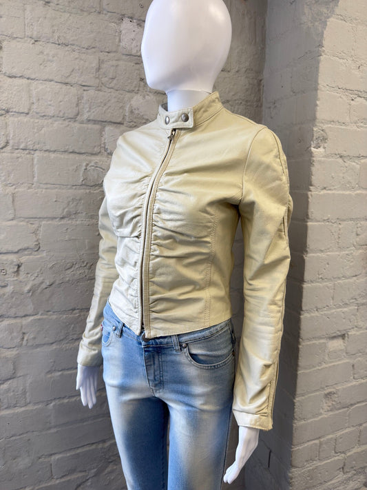 Ruched Cream Leather Jacket