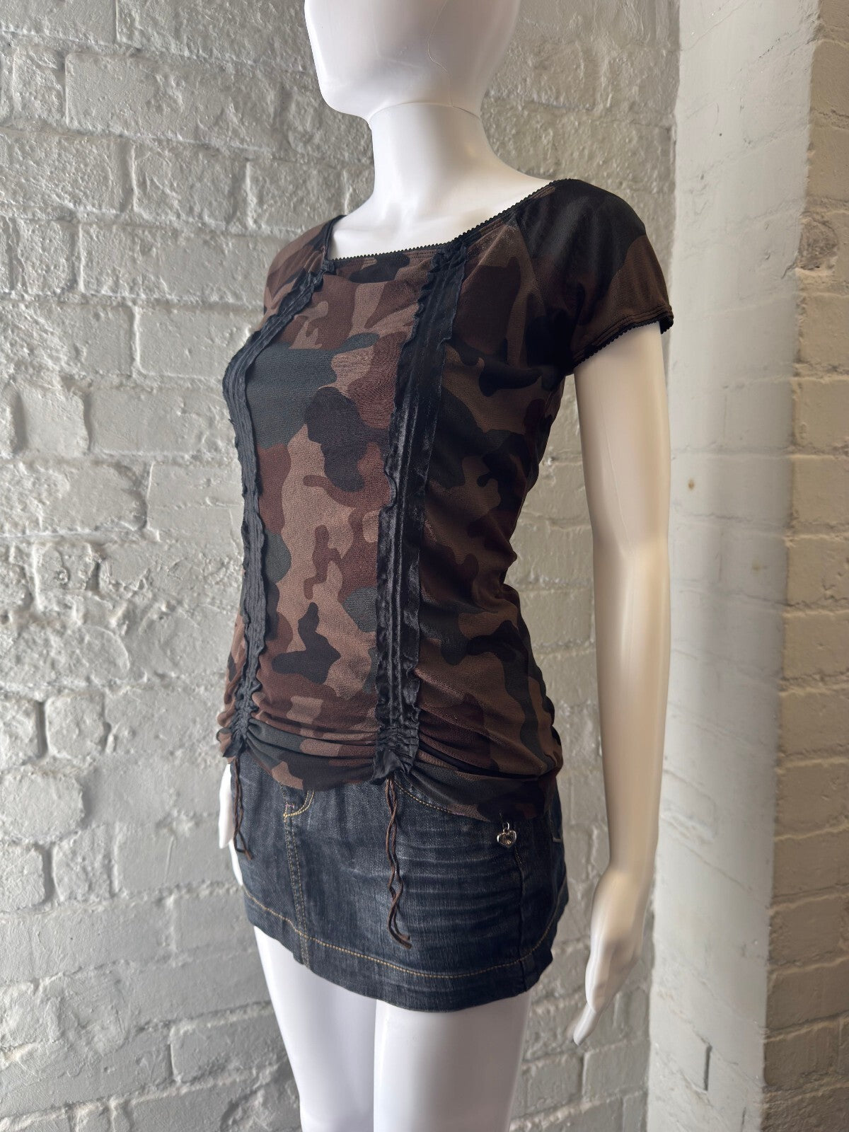 Brown Camouflage Short Sleeve Ruched Top