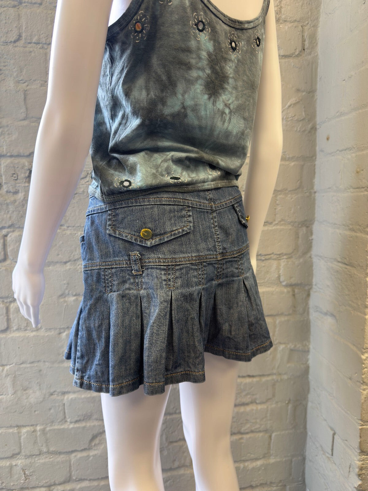 Denim Mini Skirt with Pleated Hem and Gold Button Detail