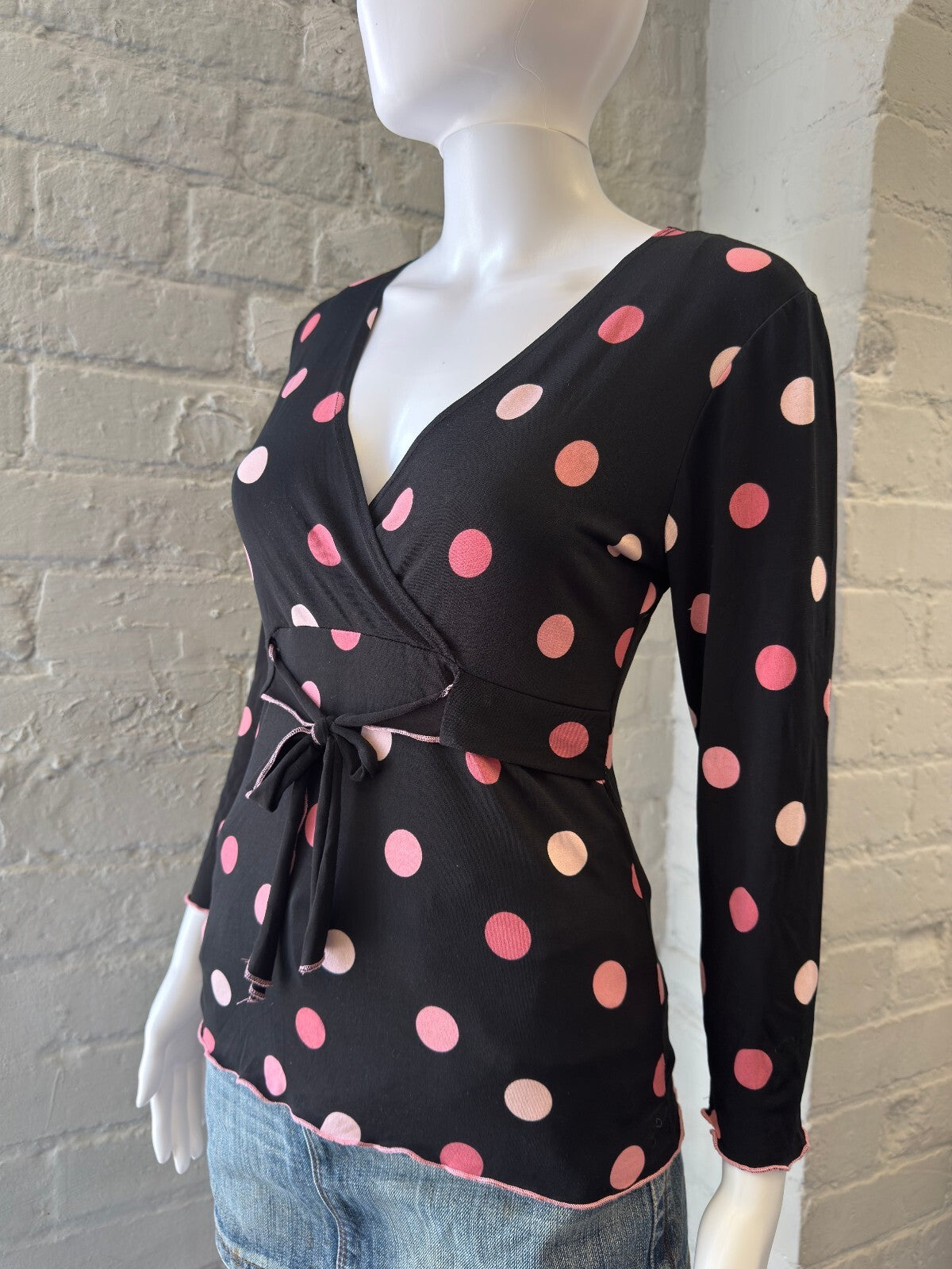 Black Wrap Style Top with Pink Polka Dots