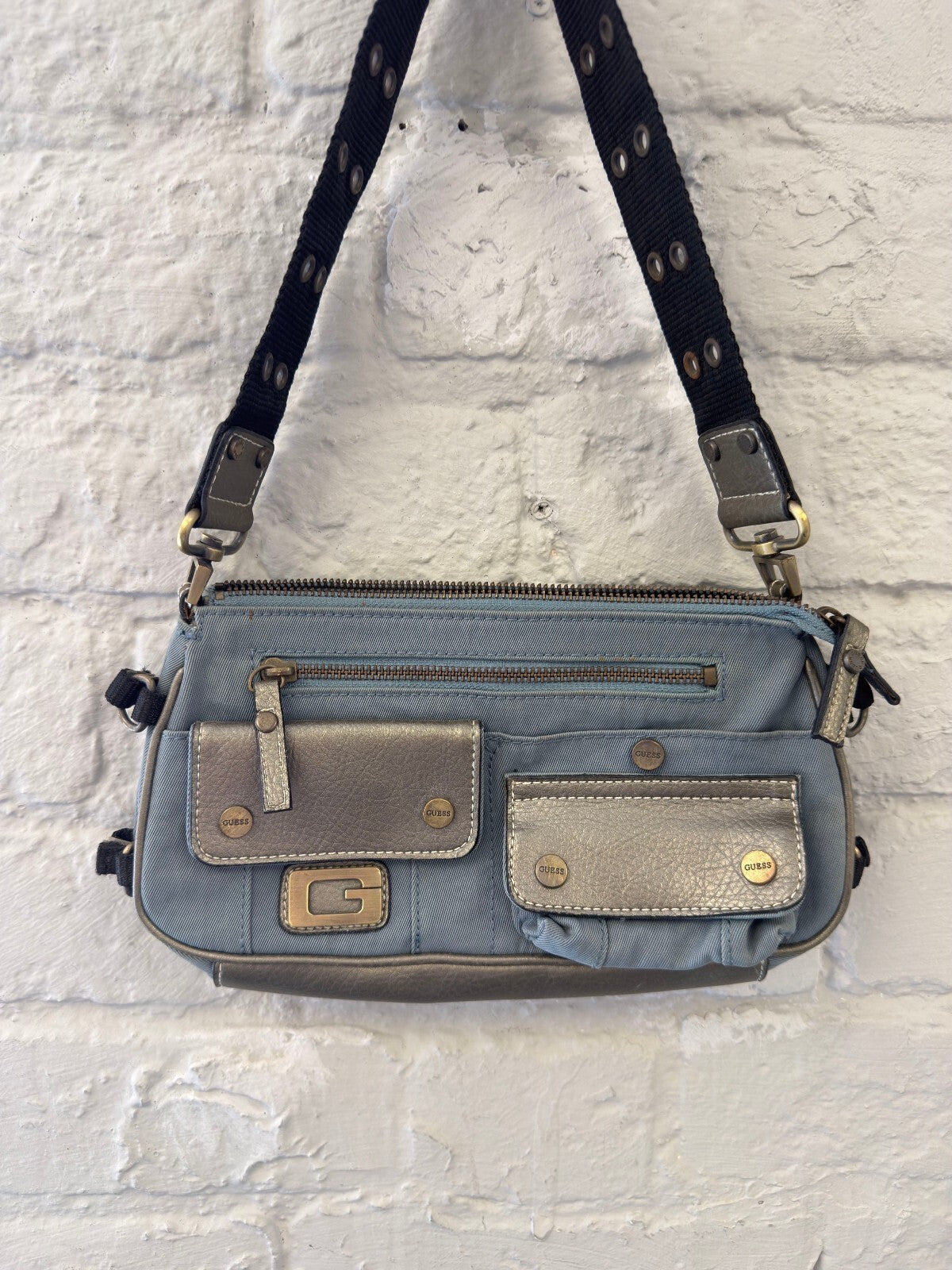 Guess Blue and Silver Cargo Shoulder Bag