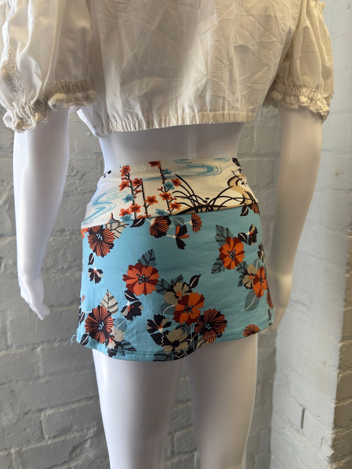 Floral Print Mini Skirt with Blue and Orange Flowers
