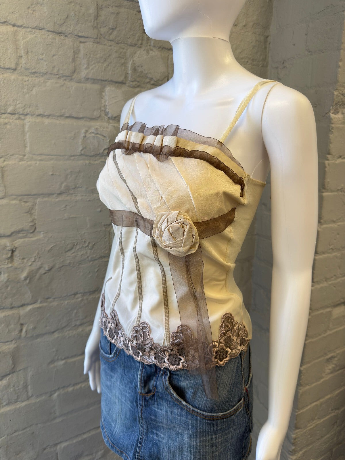 Cream Beige Floral Applique Strappy Top