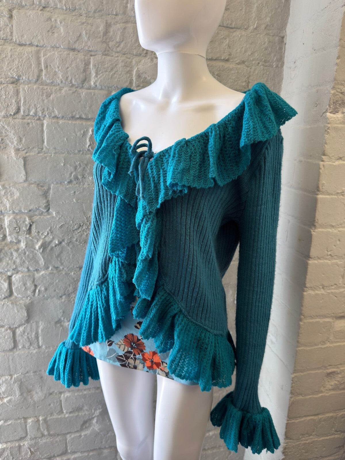 Lioutas Teal Knitted Ruffle Cardigan Sweater