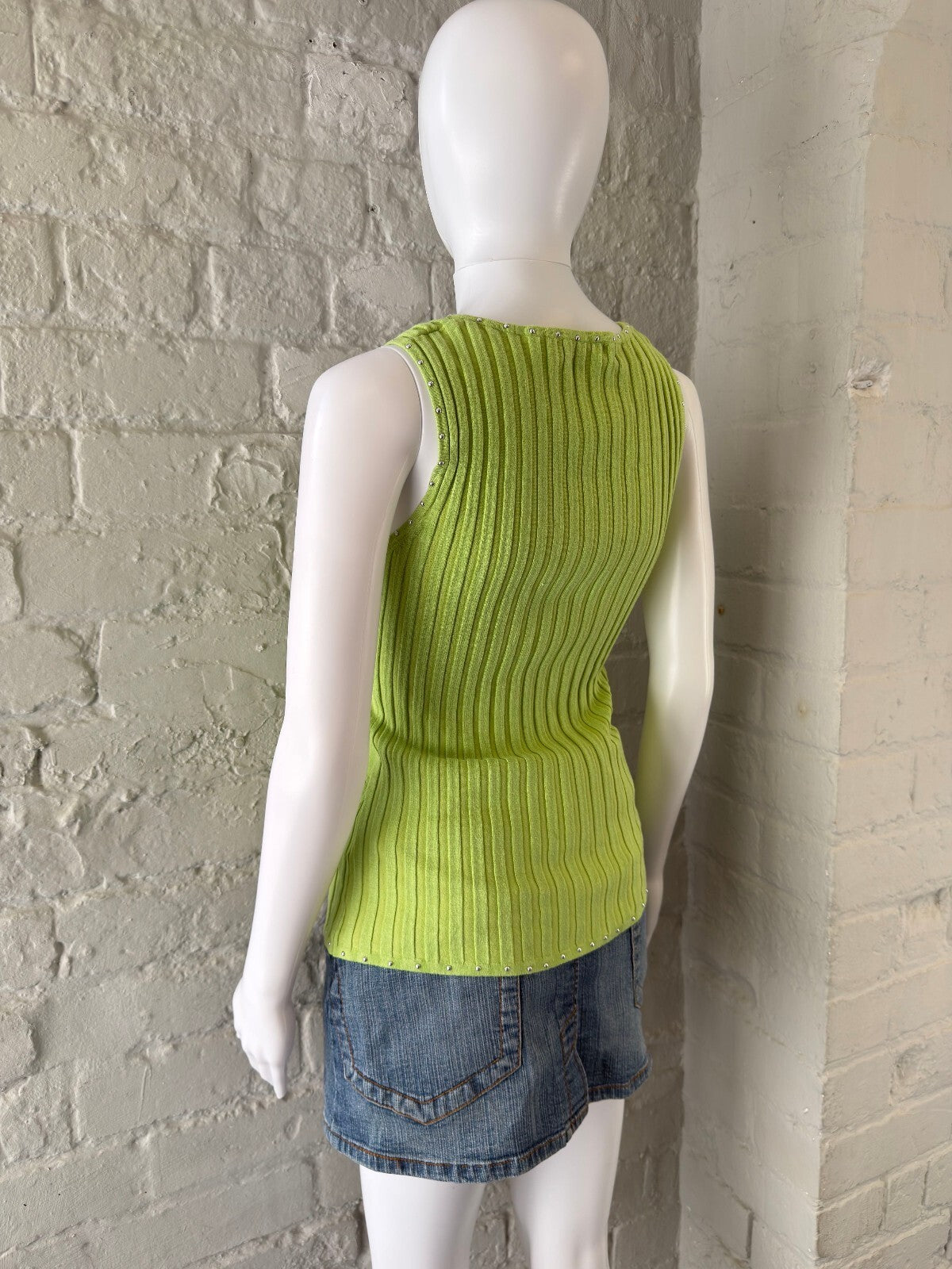 Lime Green Ribbed Tank Top with Stud Details