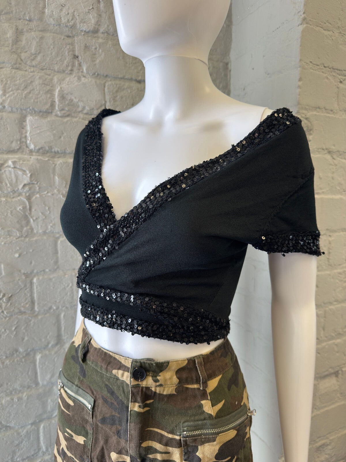 Black Sequin Trim Wrap Crop Top