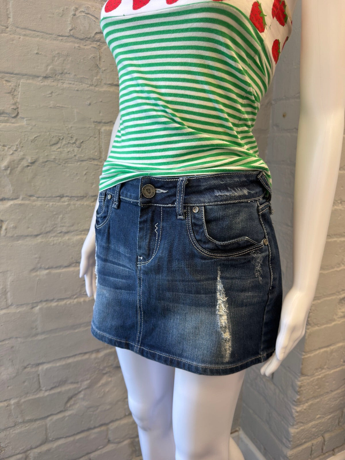 Dark Blue Denim Mini Skirt with Distressed Details