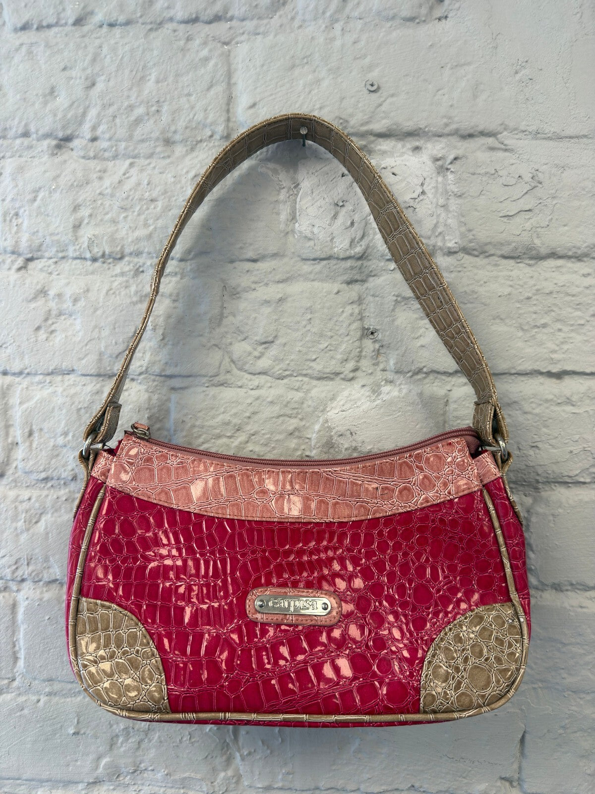 Pink and Beige Croc-Embossed Leather Shoulder Bag